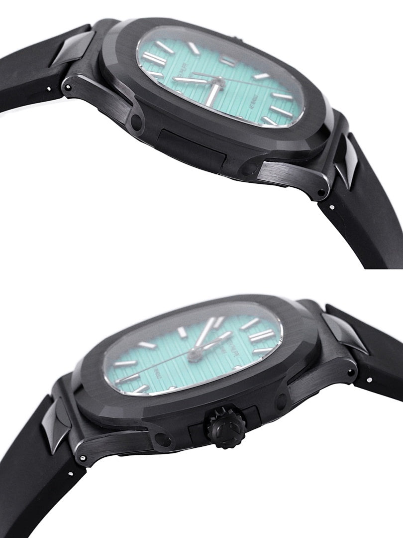 Patek Philippe watch, black case with green dial, side angle on black rubber strap