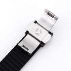 Patek Philippe watch with silver-toned clasp and black rubber strap