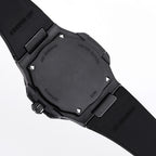 Patek Philippe watch case back on black strap with engraved back plate