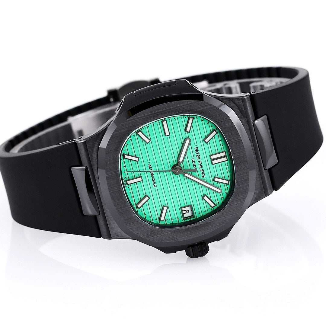 Patek Philippe watch on black strap with green dial and black bezel, angled view
