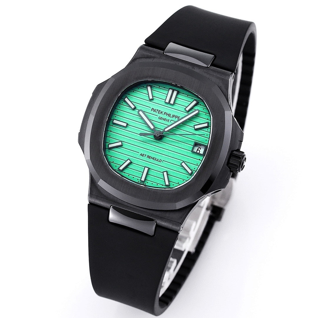 Patek Philippe watch with black case and green dial on black rubber strap, three-quarter