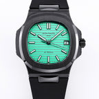 Patek Philippe watch with green dial, black bezel, and black rubber strap, front view