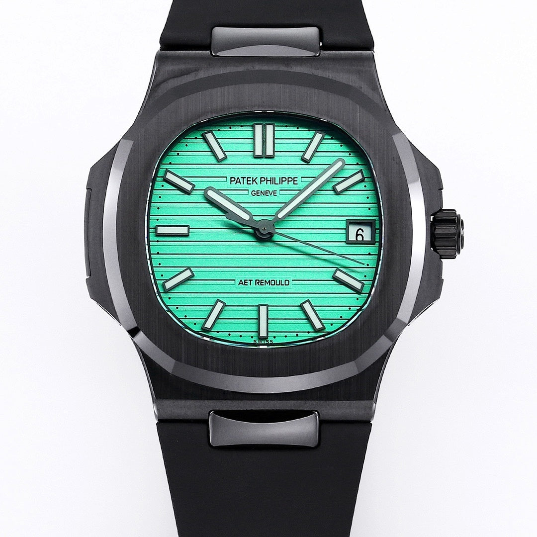 Patek Philippe watch with green dial, black bezel, and black rubber strap, front view