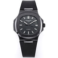 Men's Patek Philippe sports watch, black dial with white indexes, black rubber strap