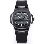 Men's Patek Philippe sports watch, black dial with white indexes, black rubber strap