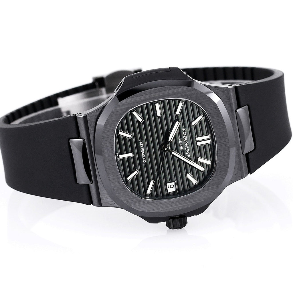 Black rubber strap watch with round case, silver indexes, three-quarter view