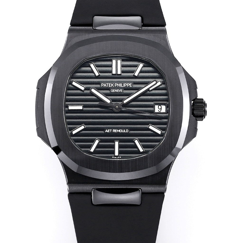 Black dial Patek Philippe sports watch with date window at 9, black rubber strap