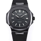 Black dial Patek Philippe sports watch with date window at 9, black rubber strap