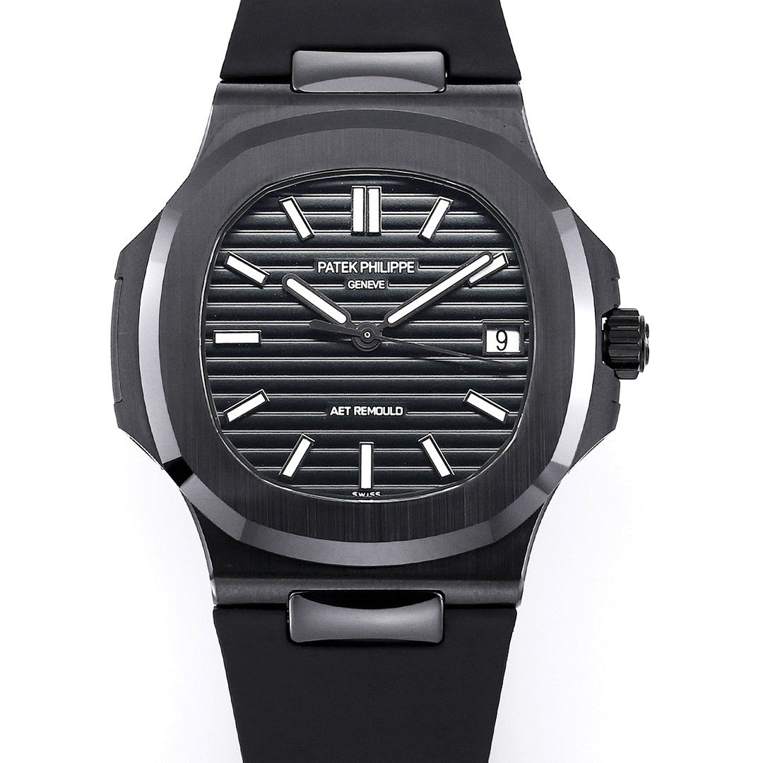 Black dial Patek Philippe sports watch with date window at 9, black rubber strap