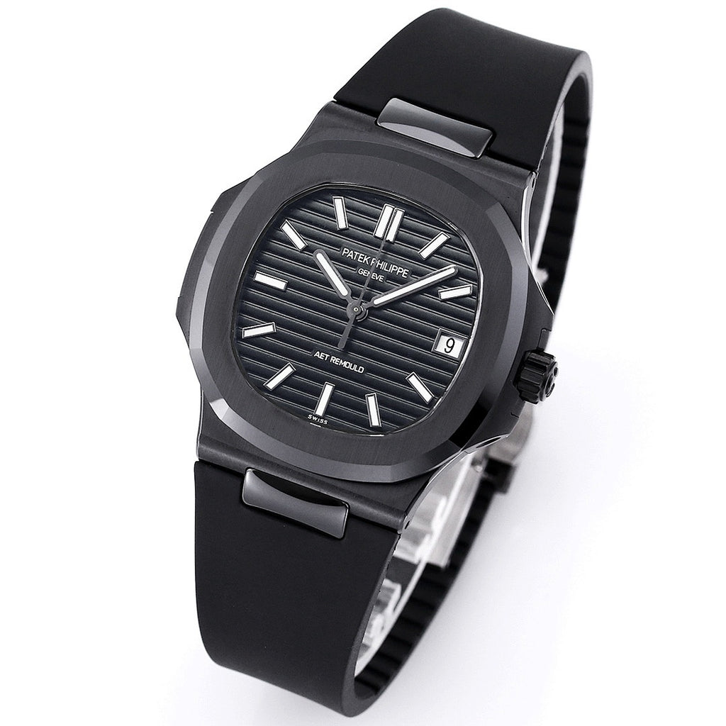 Three-quarter view of black sports watch with silver indexes and date window at 9