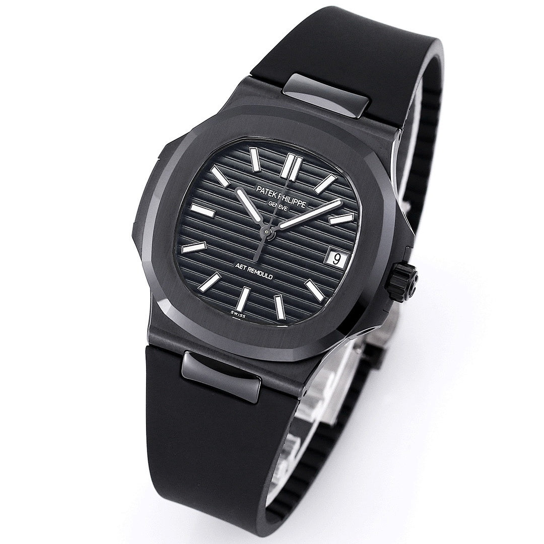 Three-quarter view of black sports watch with silver indexes and date window at 9