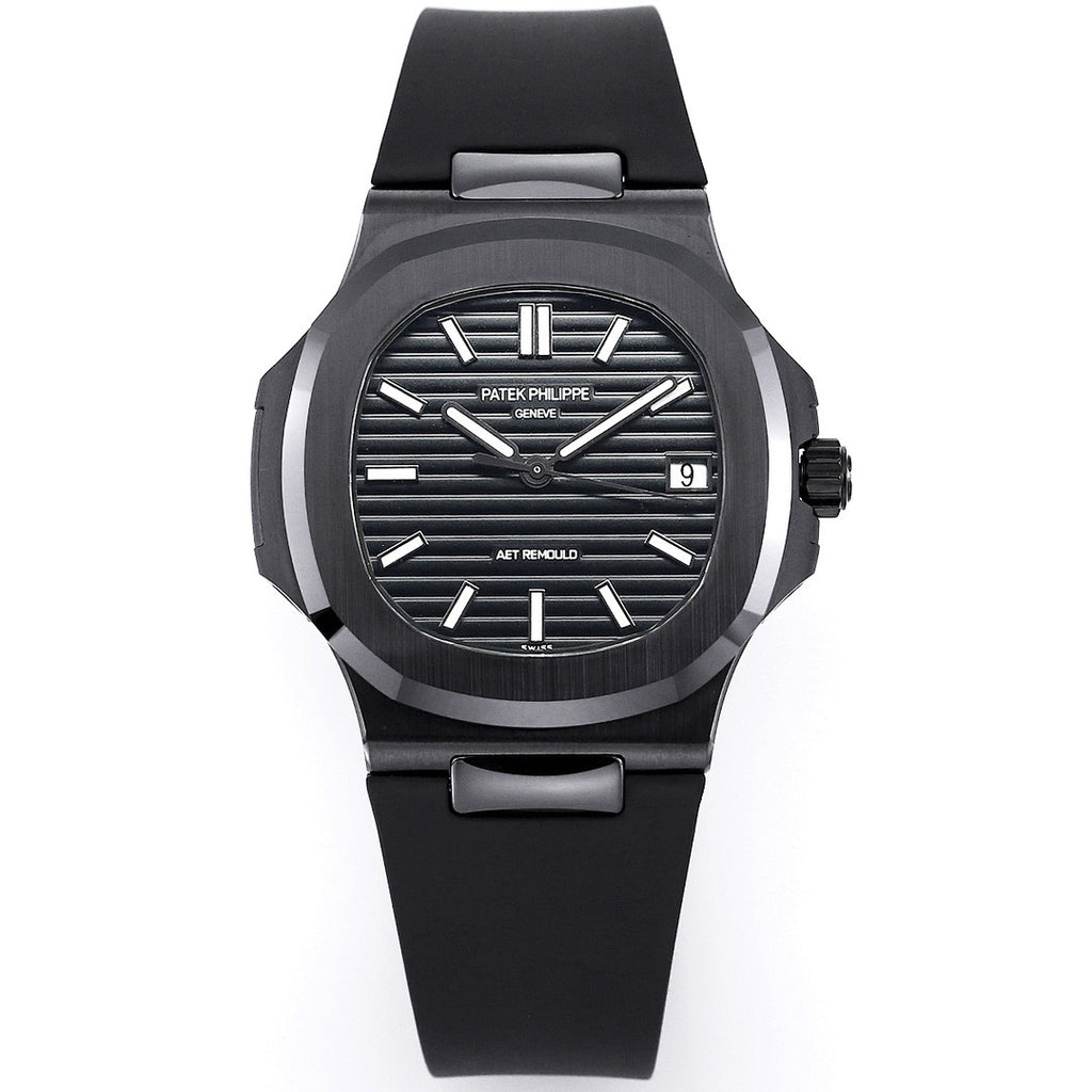 Black dial sports watch with white indexes and date window, black rubber strap
