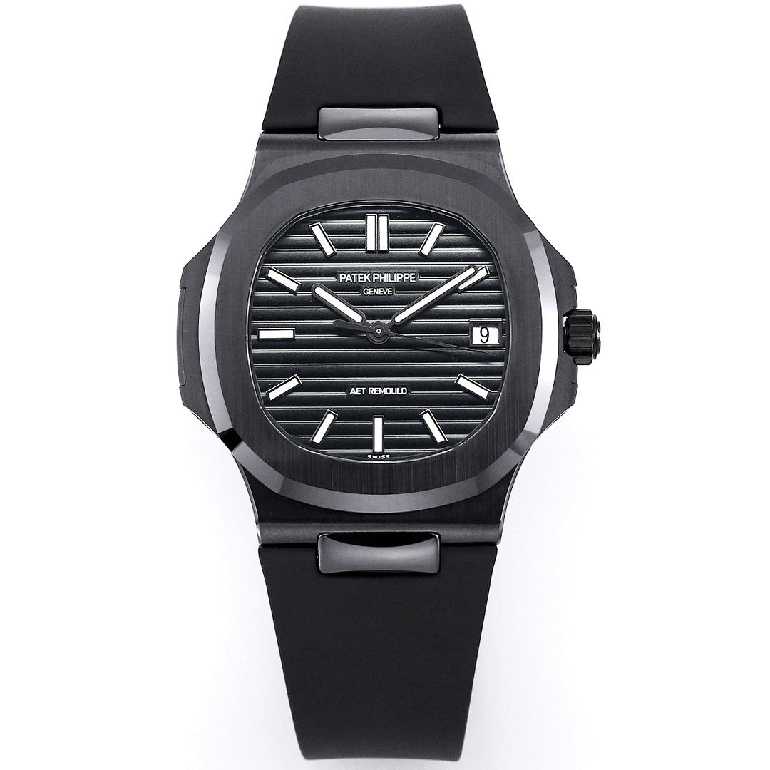 Black dial sports watch with white indexes and date window, black rubber strap