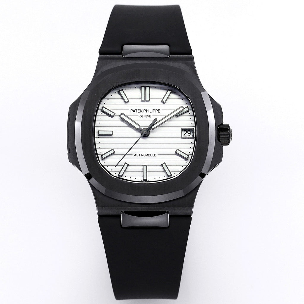 Black sports wristwatch with white dial, round bezel, and date window at 3 o'clock.