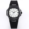 Black sports wristwatch with white dial, round bezel, and date window at 3 o'clock.
