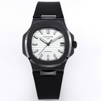 Black sports wristwatch with white dial, round bezel, and date window at 3 o'clock.
