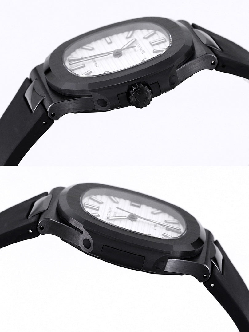 Black round wristwatch with white dial, shown from side with crown and pushers visible.