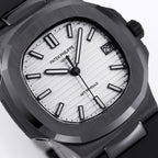 Black watch with white dial, bold hour markers, and date window at 3 o'clock.