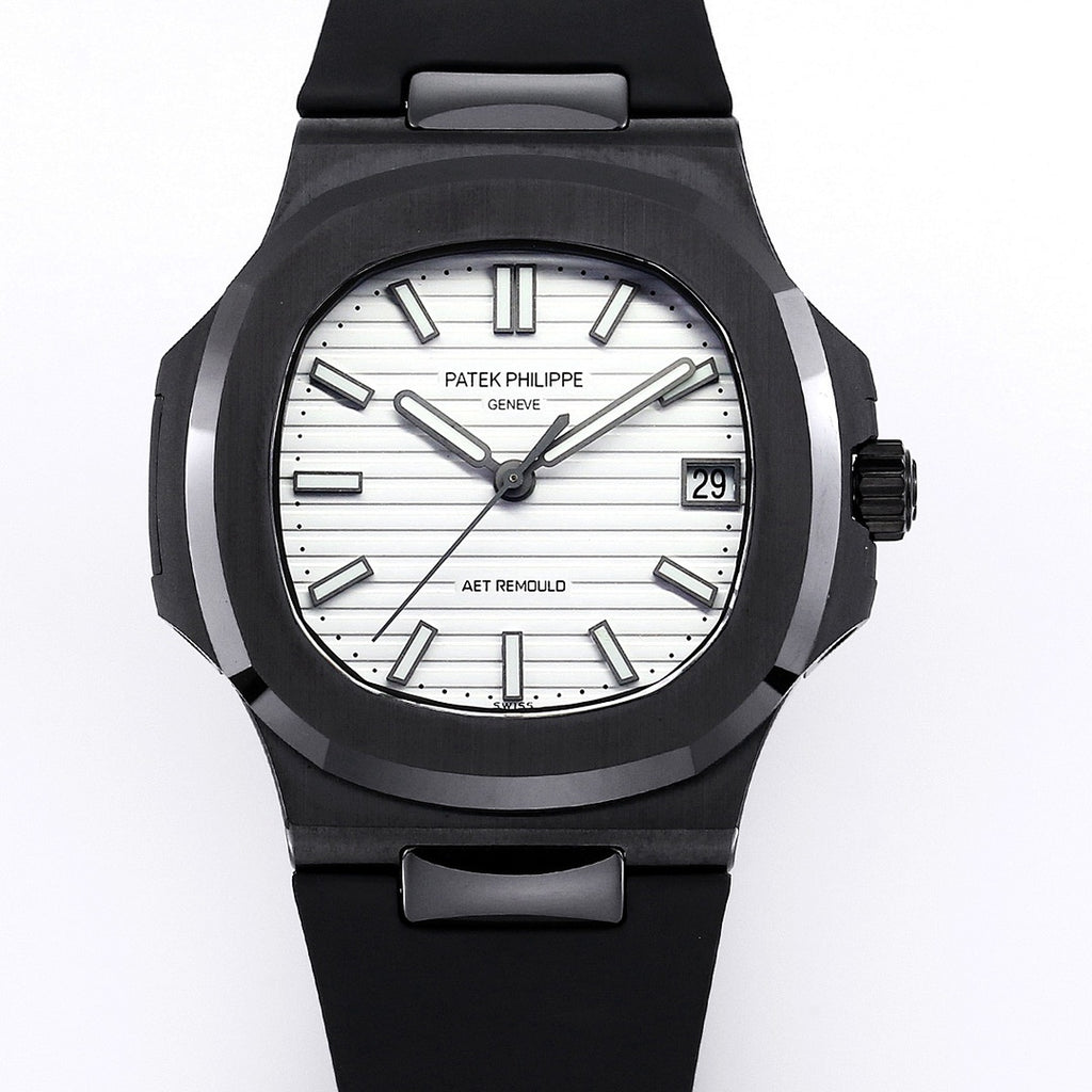 Black sports wristwatch with white striped dial, round bezel, and date window at 3.