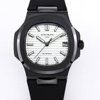 Black sports wristwatch with white striped dial, round bezel, and date window at 3.