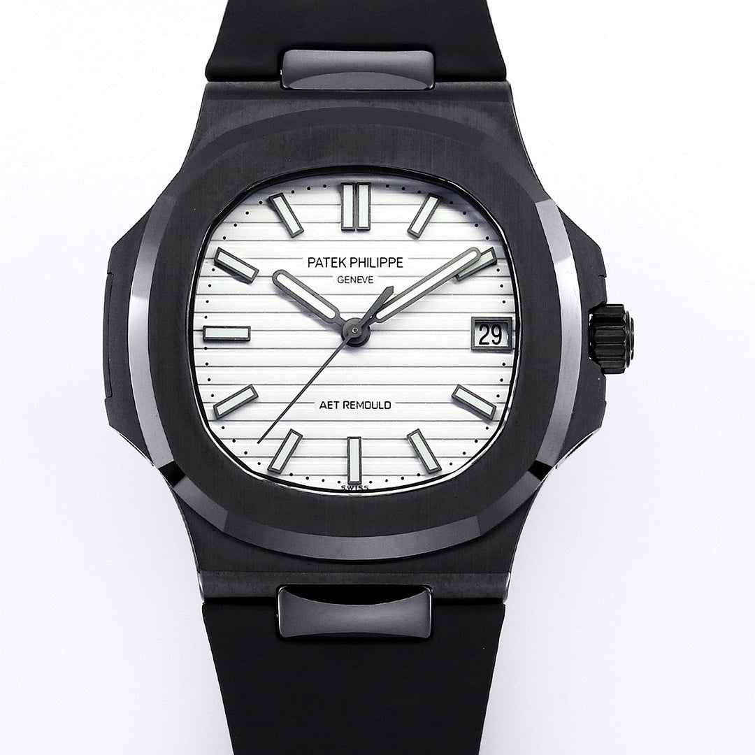 Black sports wristwatch with white striped dial, round bezel, and date window at 3.