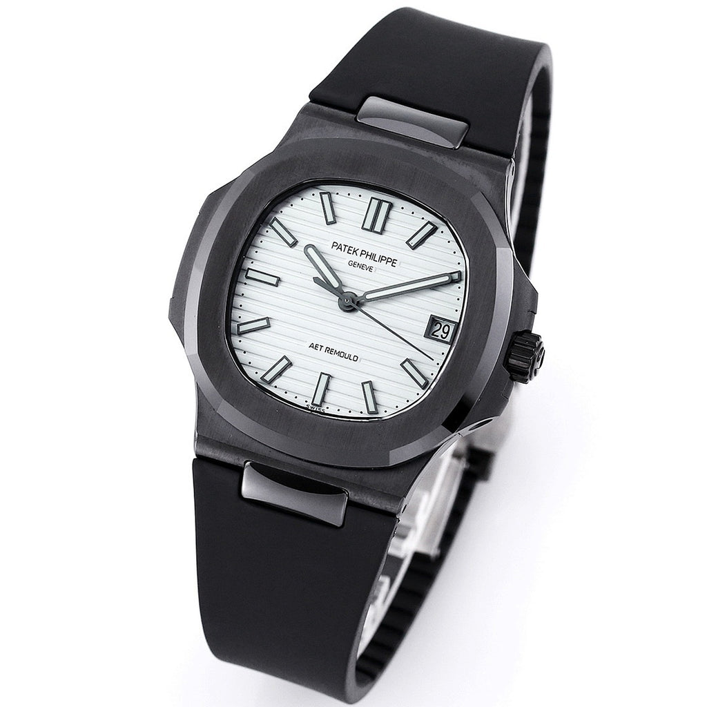 Black rubber wristwatch with white dial, date window at 3, and side crown detail.