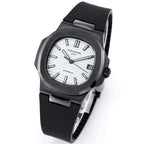 Black rubber wristwatch with white dial, date window at 3, and side crown detail.