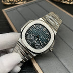 Stainless steel wristwatch with dark dial, teal hour markers, and metal bracelet