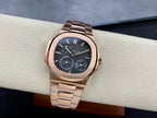 Rose gold-tone wristwatch with blue dial and metal bracelet, three-quarter view.