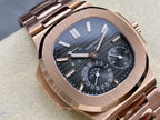 Rose gold-tone wristwatch with blue dial and metal bezel, close-up three-quarter view.