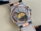 Patek Philippe watch with openwork dial, gold-toned bridge, and light leather strap