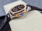 Patek Philippe watch side view with dark dial, rose-gold case, and dark leather strap