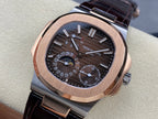 Patek Philippe watch with rose-gold case, black dial, and dark leather strap