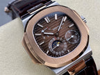Patek Philippe watch close-up with rose-gold case, black dial details, and dark leather strap