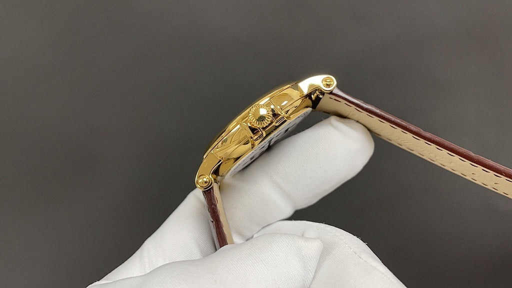 Patek Philippe watch side profile with gold lugs and brown leather strap