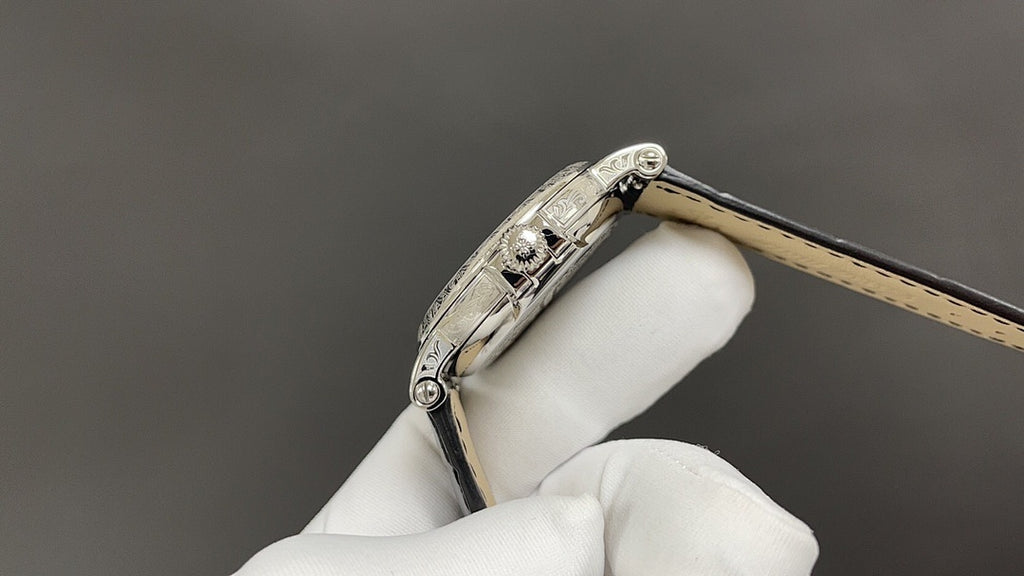 Wristwatch side view with strap attachment and polished silver case