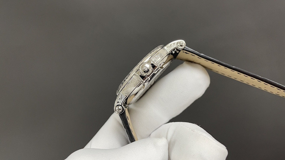 Wristwatch side view with strap attachment and polished silver case