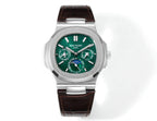 Patek Philippe watch with green dial, stainless steel case, and brown leather strap