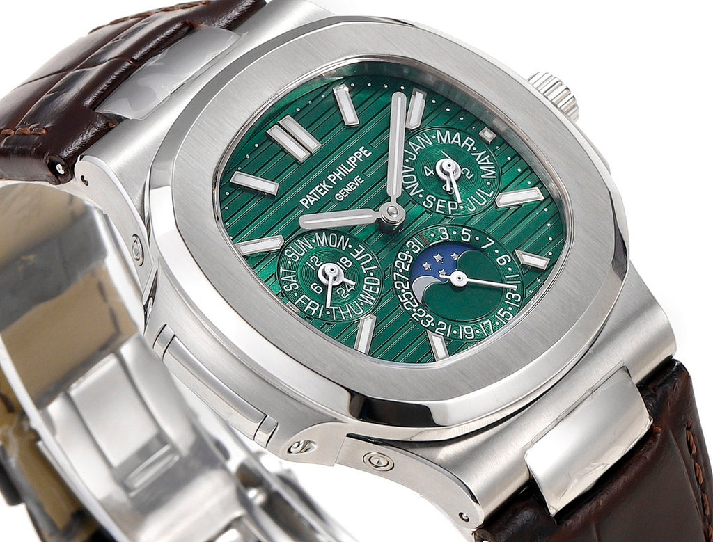 Patek Philippe watch close-up with green dial, silver hands, and brown leather strap