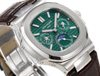 Patek Philippe watch close-up with green dial, silver hands, and brown leather strap