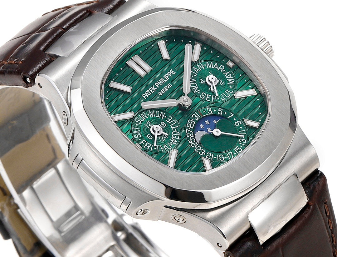 Patek Philippe watch close-up with green dial, silver hands, and brown leather strap