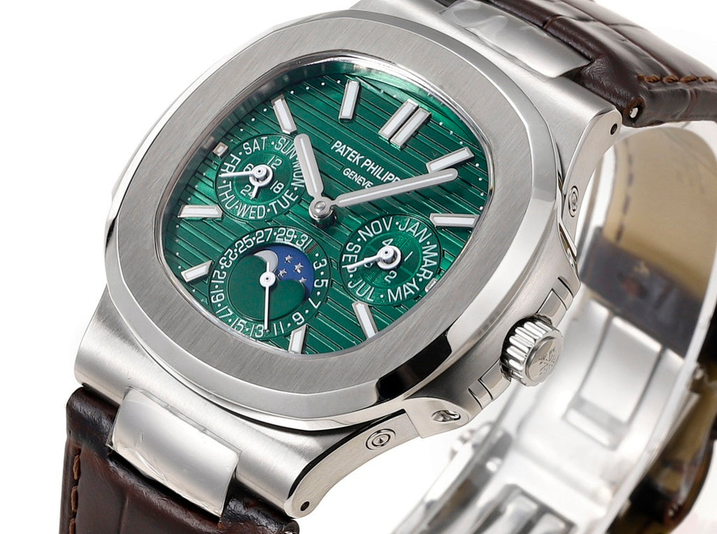 Patek Philippe watch angled view with green dial and brown leather strap