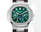 Patek Philippe watch with dark green dial, silver hour markers, and brown strap