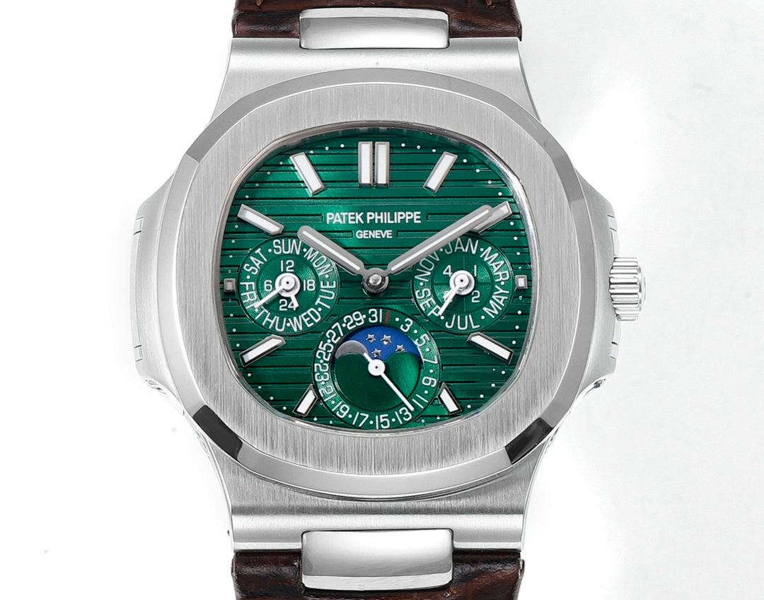 Patek Philippe watch with dark green dial, silver hour markers, and brown strap
