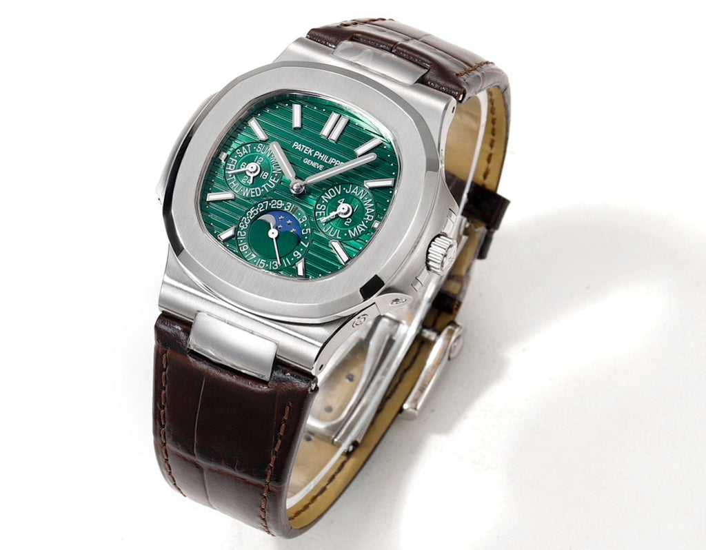 Patek Philippe watch three-quarter view with green dial and brown leather strap