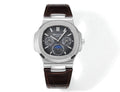 Patek Philippe Nautilus watch with brown leather strap, black dial, and stainless steel case