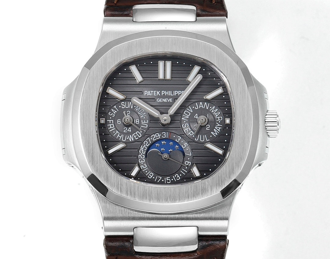 Patek Philippe Nautilus watch with black dial, silver markers, and brown leather strap
