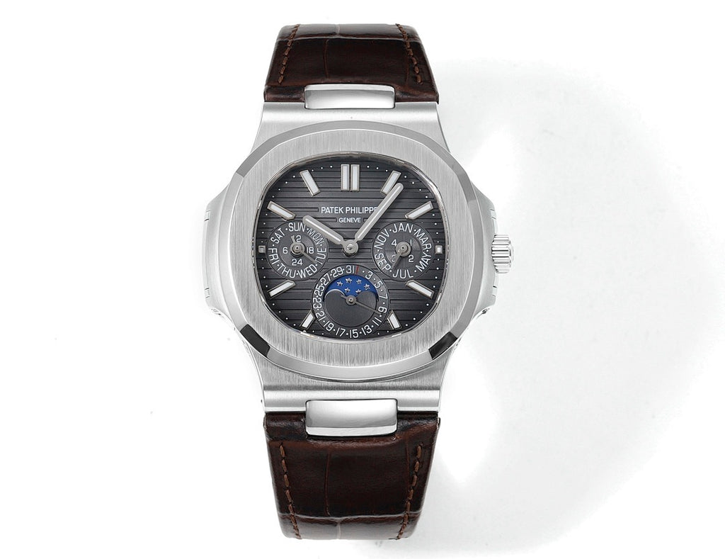 Patek Philippe Nautilus watch front view with dark dial, brown leather strap, and steel case