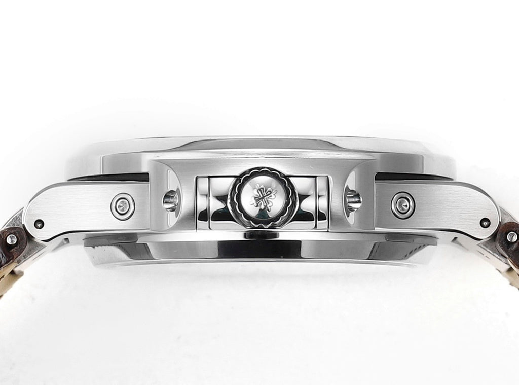 Patek Philippe watch caseback view with decorative medallion on a stainless steel back