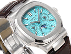 Patek Philippe watch close-up showing turquoise dial, crown, and brown leather strap